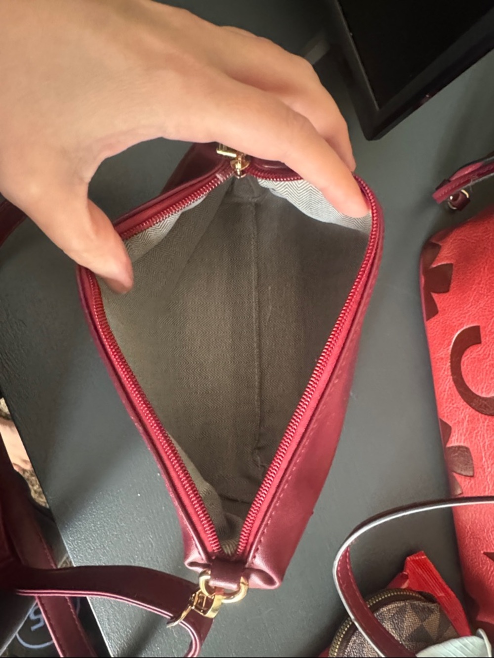 Red Embossed Floral Vegan Leather Tote with Contrast Accents - Picture 10 of 17